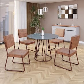 Conjunto Sala de Jantar Mesa Redonda 100cm Base Omega Tampo MDF Laca com Vidro Napoli Marrom