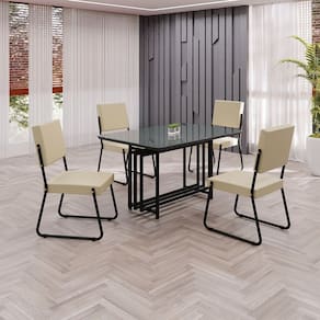 Conjunto Sala de Jantar Mesa 120x90cm Base Pérola Tampo MDF Laca com Vidro Napoli Creme / Preto