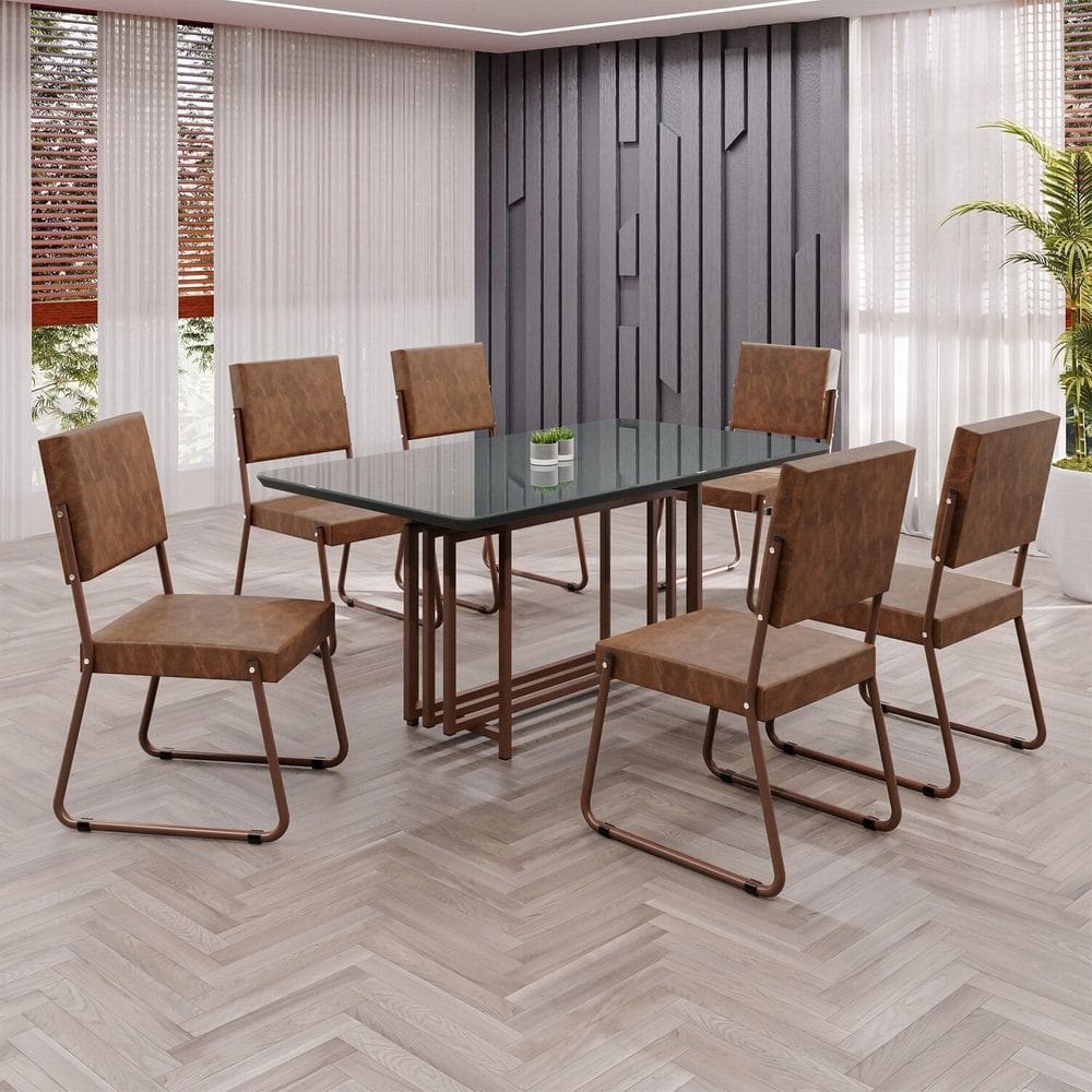 Conjunto Sala de Jantar Mesa 160x90cm Base Pérola Tampo MDF Laca com Vidro Napoli Marrom