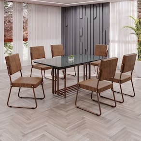 Conjunto Sala de Jantar Mesa 160x90cm Base Pérola Tampo MDF Laca com Vidro Napoli Marrom