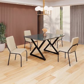 Conjunto Sala de Jantar Mesa 120x90cm Base Império Tampo MDF Laca com Vidro Malibu Creme / Preto