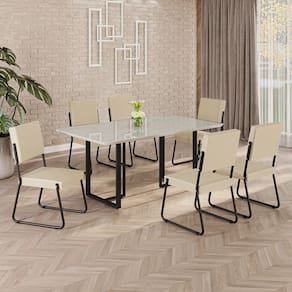 Conjunto Sala de Jantar Mesa 160x90cm Base Lunna Tampo MDF Laca com Vidro Napoli Creme / Preto