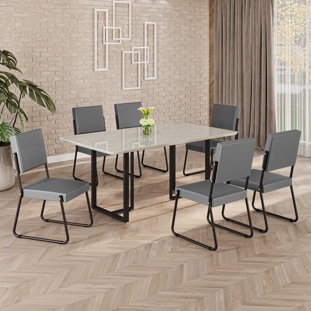 Conjunto Sala de Jantar Mesa 160x90cm Base Lunna Tampo MDF Laca com Vidro Napoli Grafite / Preto
