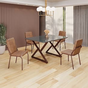 Conjunto Sala de Jantar Mesa 120x90cm Base Império Tampo MDF Laca com Vidro Malibu Marrom