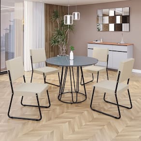 Conjunto Sala de Jantar Mesa Redonda 100cm Base Omega Tampo MDF Laca com Vidro Napoli Creme / Preto