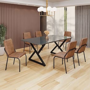 Conjunto Sala de Jantar Mesa 160x90cm Base Império Tampo MDF Laca com Vidro Malibu Marrom/Preto