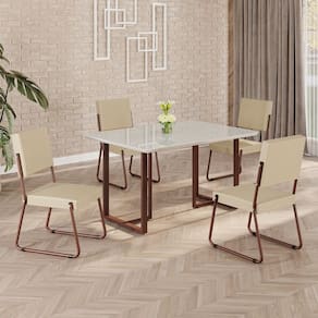 Conjunto Sala de Jantar Mesa 120x90cm Base Lunna Tampo MDF Laca com Vidro Napoli Creme / Marrom