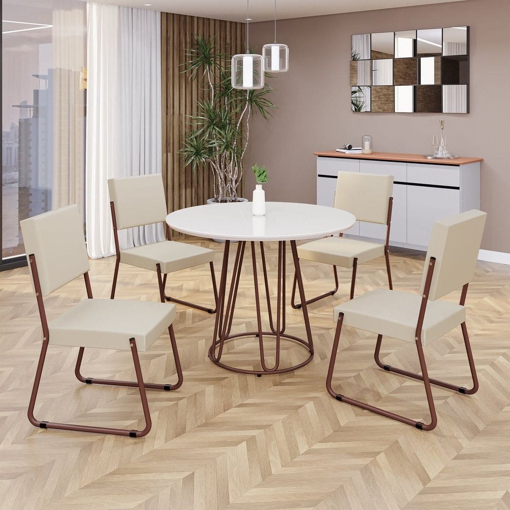 Conjunto Sala de Jantar Mesa Redonda 100cm Base Omega Tampo MDF Laca com Vidro Napoli Creme / Marrom
