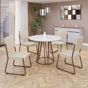 Conjunto Sala de Jantar Mesa Redonda 100cm Base Omega Tampo MDF Laca com Vidro Napoli Creme / Marrom