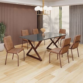 Conjunto Sala de Jantar Mesa 160x90cm Base Império Tampo MDF Laca com Vidro Malibu Marrom