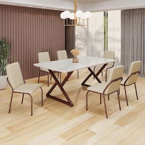 Conjunto Sala de Jantar Mesa 160x90cm Base Império Tampo MDF Laca com Vidro Malibu Creme/Marrom