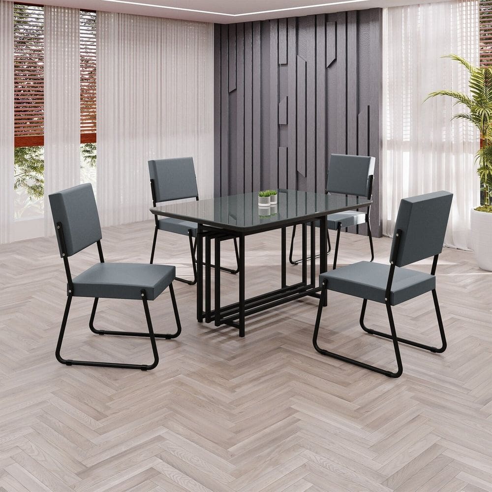 Conjunto Sala de Jantar Mesa 120x90cm Base Pérola Tampo MDF Laca com Vidro Napoli Grafite / Preto