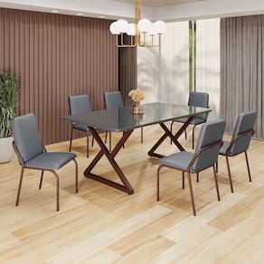Conjunto Sala de Jantar Mesa 160x90cm Base Império Tampo MDF Laca com Vidro Malibu Grafite/Marrom