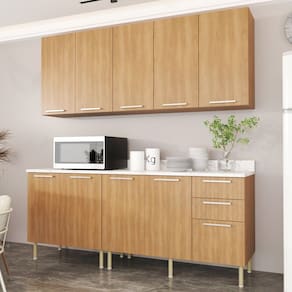 Cozinha Compacta Girassol 200cm com Tampo, 4 Peças, 9 Portas e 3 Gavetas com Divisor de Talheres Freijó/Branco