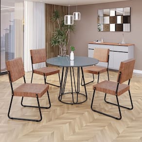 Conjunto Sala de Jantar Mesa Redonda 100cm Base Omega Tampo MDF Laca com Vidro Napoli Preto/Marrom