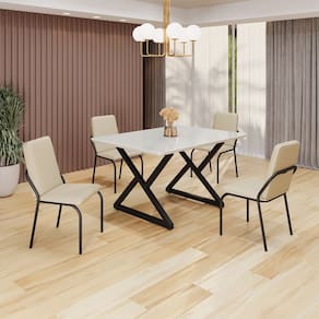 Conjunto Sala de Jantar Mesa 120x90cm Base Império Tampo MDF Laca com Vidro Malibu Creme / Preto