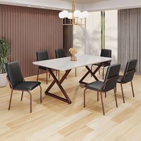 Conjunto Sala de Jantar Mesa 160x90cm Base Império Tampo MDF Laca com Vidro Malibu Preto/Marrom