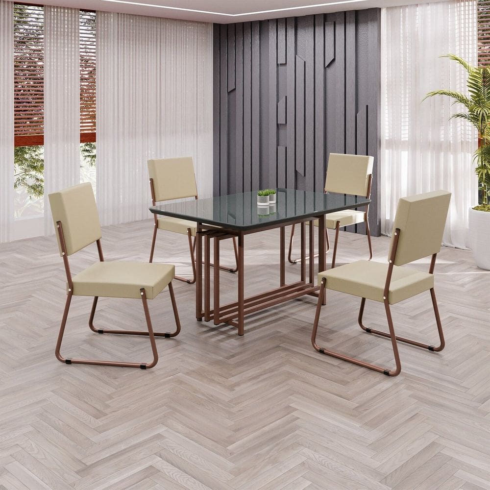 Conjunto Sala de Jantar Mesa 120x90cm Base Pérola Tampo MDF Laca com Vidro Napoli Creme / Marrom