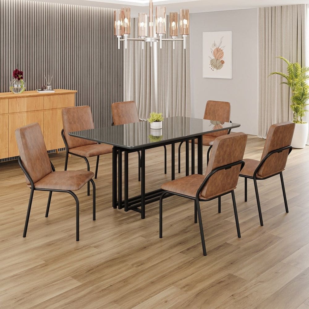 Conjunto Sala de Jantar Mesa 160x90cm Base Pérola Tampo MDF com Vidro Malibu marrom / preto