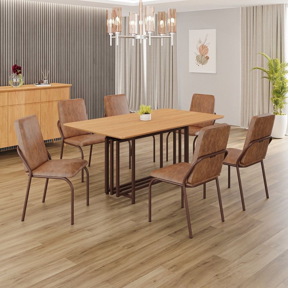 Conjunto Sala de Jantar Mesa 160x90cm Base Pérola Tampo MDF Malibu Marrom