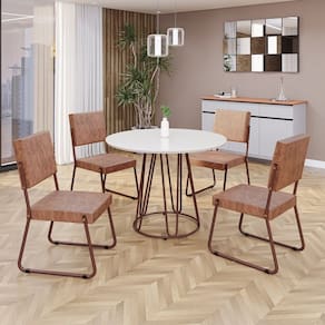 Conjunto Sala de Jantar Mesa Redonda 100cm Base Omega Tampo MDF Laca com Vidro Napoli Marrom