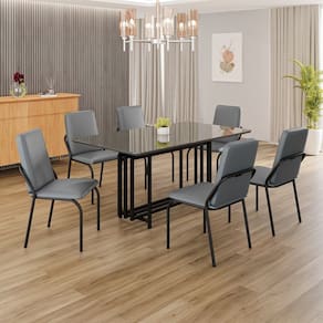 Conjunto Sala de Jantar Mesa 160x90cm Base Pérola Tampo MDF com Vidro Malibu Grafite / Preto