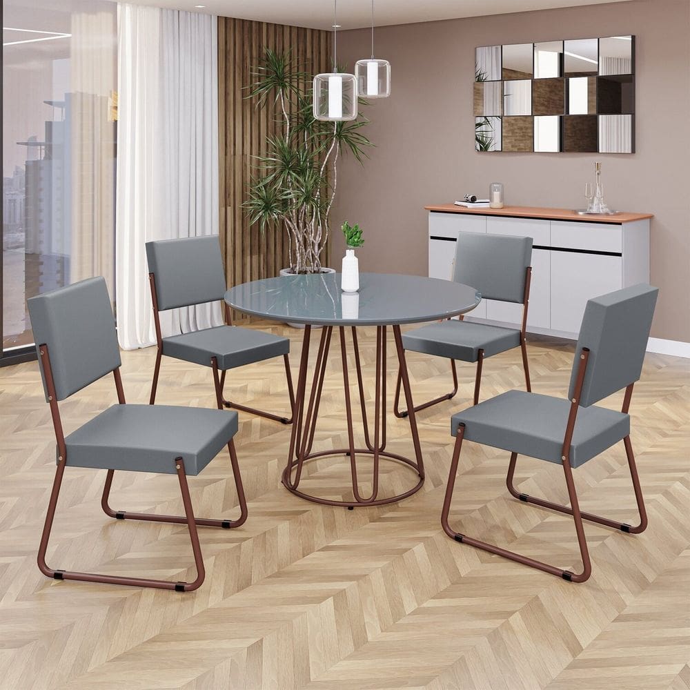 Conjunto Sala de Jantar Mesa Redonda 100cm Base Omega Tampo MDF Laca com Vidro Napoli Grafite / Marrom