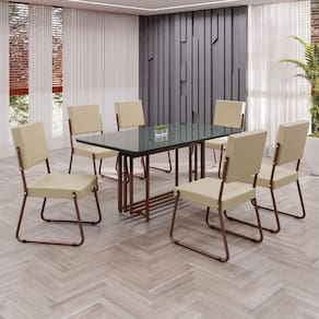 Conjunto Sala de Jantar Mesa 160x90cm Base Pérola Tampo MDF Laca com Vidro Napoli Creme / Marrom