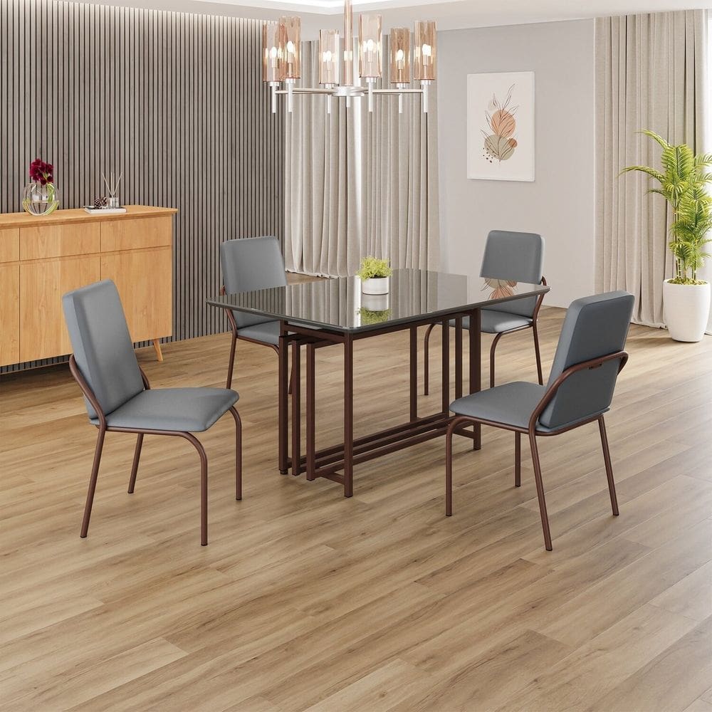 Conjunto Sala de Jantar Mesa 120x90cm Base Pérola Tampo MDF com Vidro Malibu Grafite / Marrom