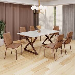 Conjunto Sala de Jantar Mesa 160x90cm Base Império Tampo MDF Laca com Vidro Malibu Marrom