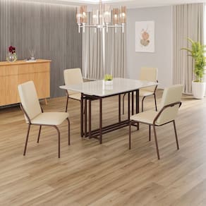 Conjunto Sala de Jantar Mesa 120x90cm Base Pérola Tampo MDF com Vidro Malibu Creme / Marrom