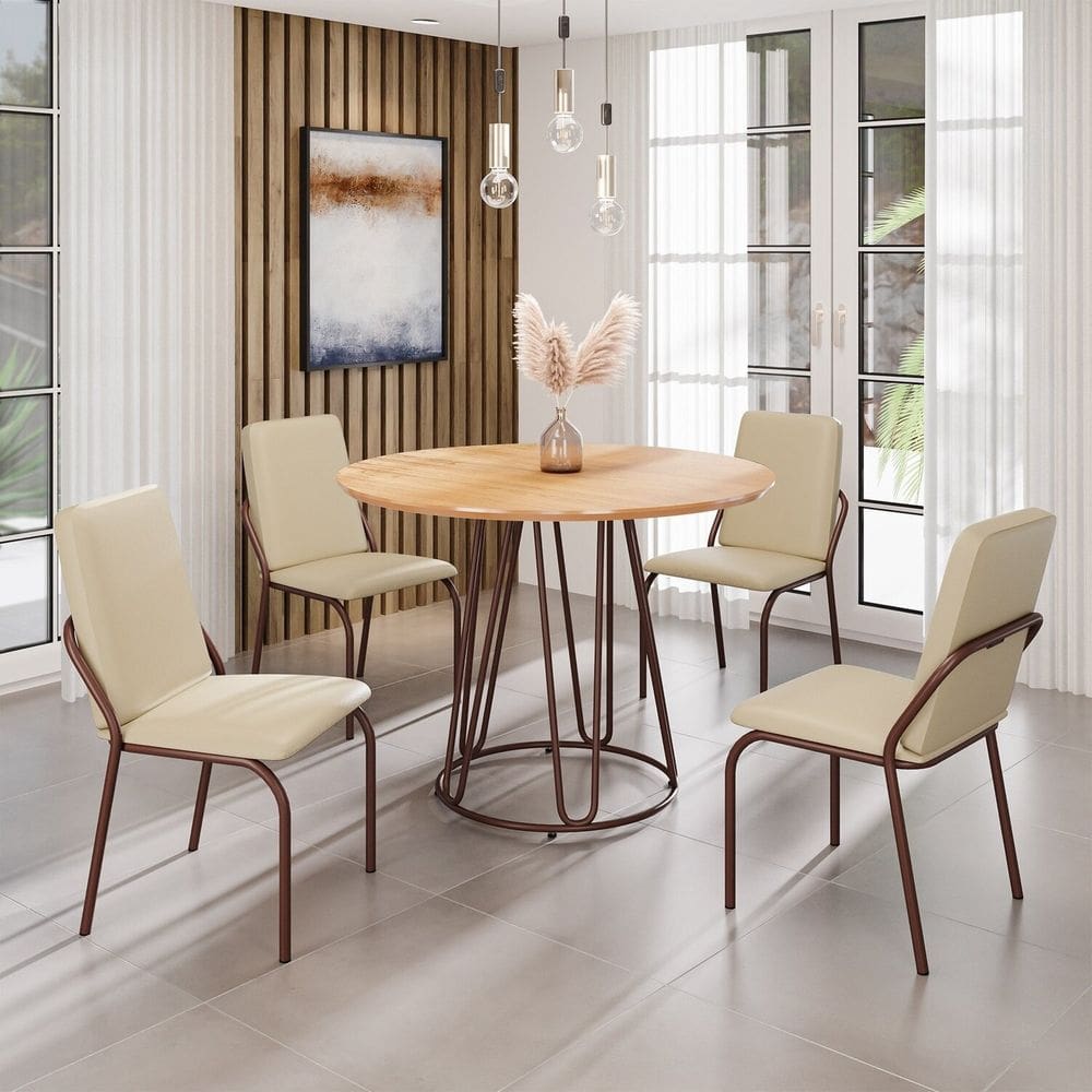 Conjunto Sala de Jantar Mesa Redonda 100cm Base Omega Tampo MDF Malibu Creme / Marrom