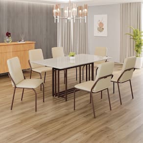 Conjunto Sala de Jantar Mesa 160x90cm Base Pérola Tampo MDF Laca com Vidro Malibu Creme / Marrom