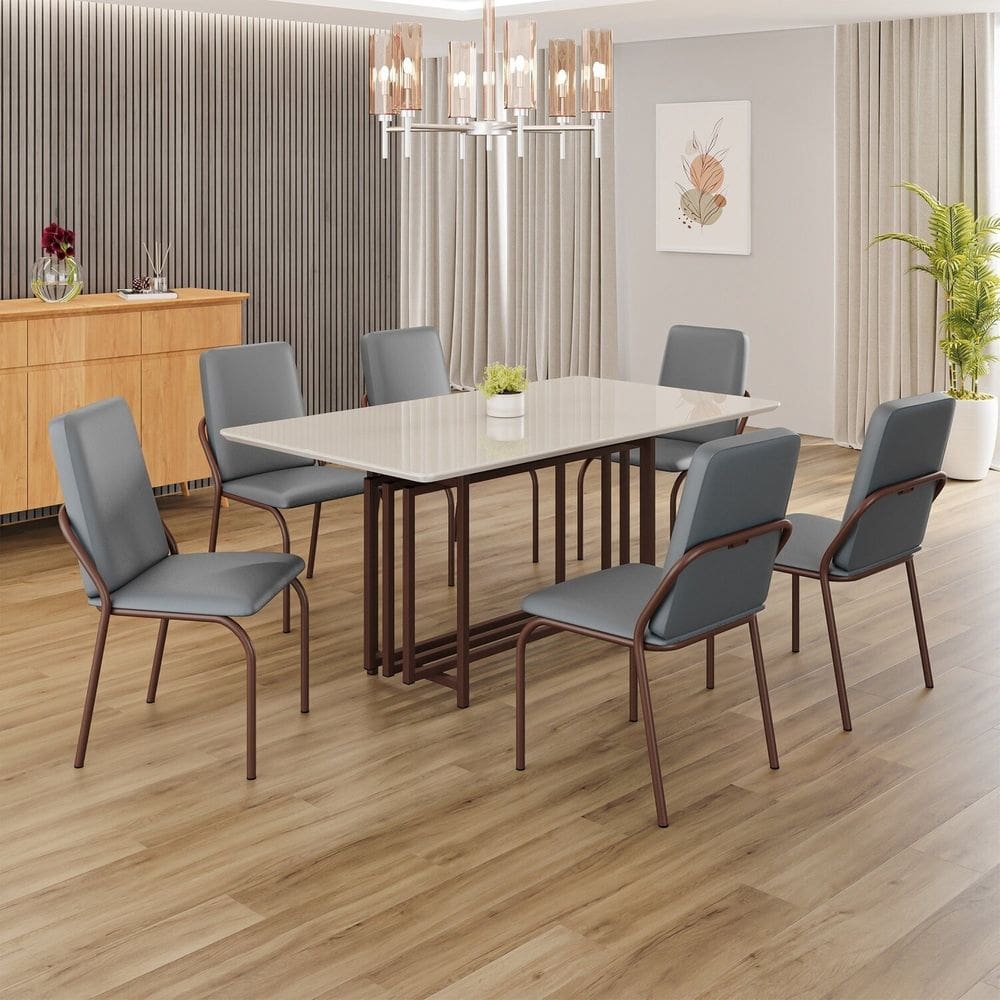 Conjunto Sala de Jantar Mesa 160x90cm Base Pérola Tampo MDF Laca com Vidro Malibu Grafite / Marrom