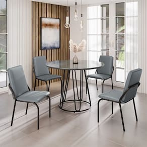 Conjunto Sala de Jantar Mesa Redonda 100cm Base Omega Tampo MDF Laca com Vidro Malibu Grafite / Preto