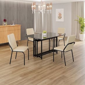 Conjunto Sala de Jantar Mesa 120x90cm Base Pérola Tampo MDF com Vidro Malibu Creme / Preto
