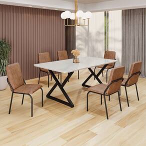 Conjunto Sala de Jantar Mesa 160x90cm Base Império Tampo MDF Laca com Vidro Malibu Marrom/Preto