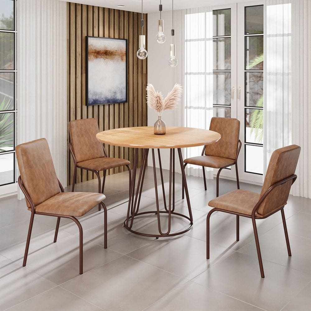 Conjunto Sala de Jantar Mesa Redonda 100cm Base Omega Tampo MDF Malibu Marrom