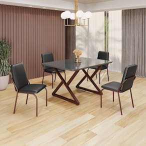 Conjunto Sala de Jantar Mesa 120x90cm Base Império Tampo MDF Laca com Vidro Malibu Preto / Marrom
