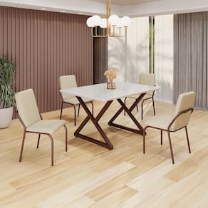 Conjunto Sala de Jantar Mesa 120x90cm Base Império Tampo MDF Laca com Vidro Malibu Creme / Marrom