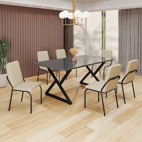 Conjunto Sala de Jantar Mesa 160x90cm Base Império Tampo MDF Laca com Vidro Malibu Creme/Preto