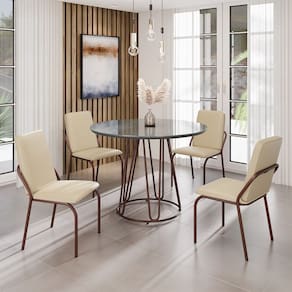 Conjunto Sala de Jantar Mesa Redonda 100cm Base Omega Tampo MDF Laca com Vidro Malibu Creme / Marrom