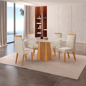 Conjunto de Jantar Mesa Áustria 0,90x0,90 Tampo Mdf/vidro com 4 Cadeiras Catar Yescasa Castanho/Creme/Off White