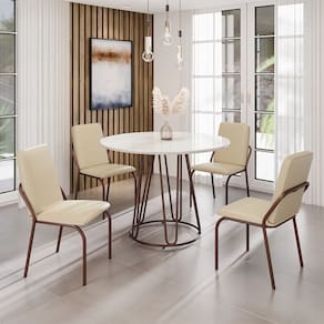 Conjunto Sala de Jantar Mesa Redonda 100cm Base Omega Tampo MDF Laca com Vidro Malibu Creme / Marrom