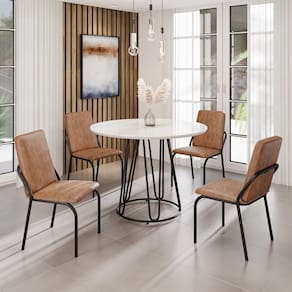 Conjunto Sala de Jantar Mesa Redonda 100cm Base Omega Tampo MDF Laca com Vidro Malibu marrom / preto