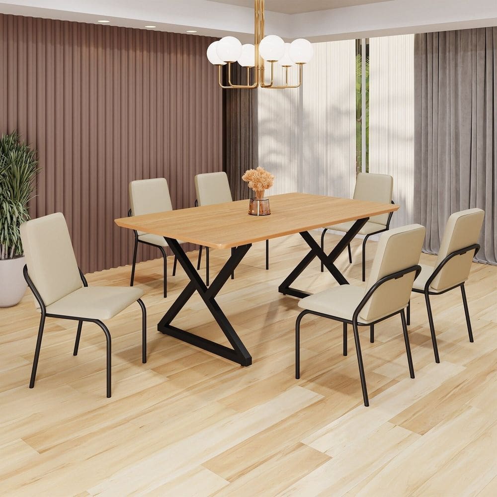 Conjunto Sala de Jantar Mesa 160x90cm Base Império Tampo MDF Malibu Creme / Preto