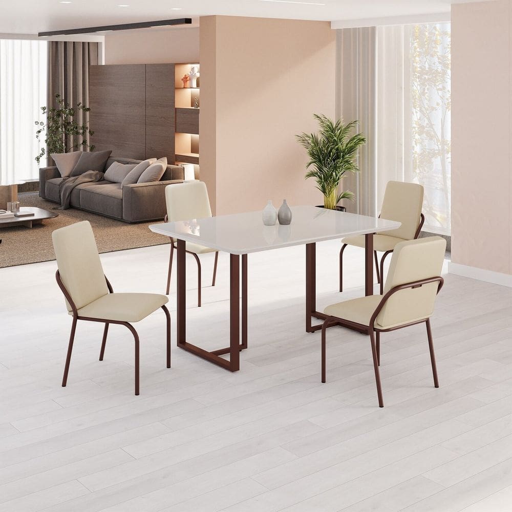 Conjunto Sala de Jantar Mesa 120x90cm Base Lunna Tampo MDF Laca com Vidro Malibu Creme/Marrom