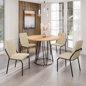 Conjunto Sala de Jantar Mesa Redonda 100cm Base Omega Tampo MDF Malibu Creme / Preto