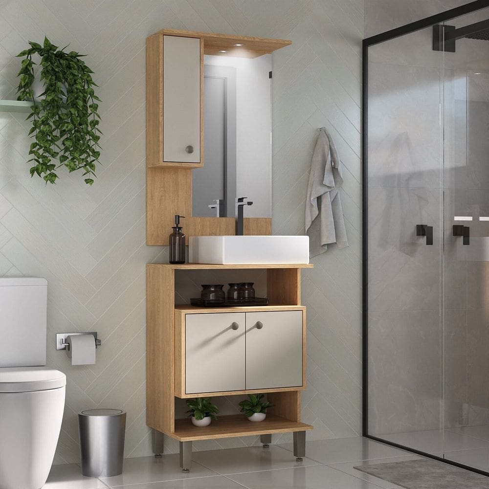 Conjunto de Banheiro Gabinete 2 Porta com Cuba de Sobrepor Espelheira 1 Porta com LED Eleganza Carvalho / Arenas