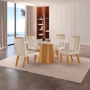 Conjunto de Jantar Mesa Áustria 0,90x0,90 Tampo Mdf/vidro com 4 Cadeiras Florença Yescasa Castanho /Creme/Off White